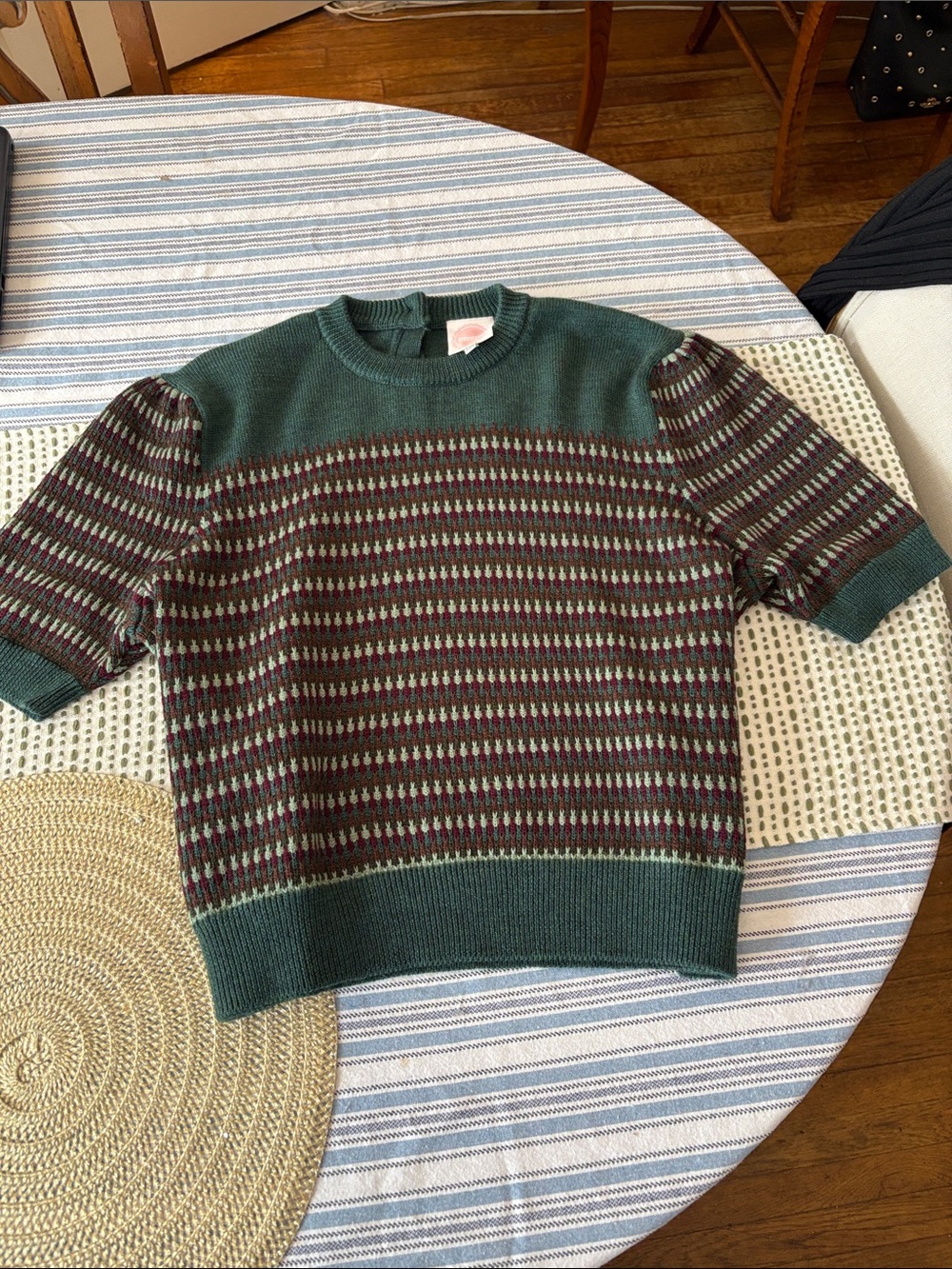 Striped Puff-Sleeve Crewneck Sweater in Forest Green